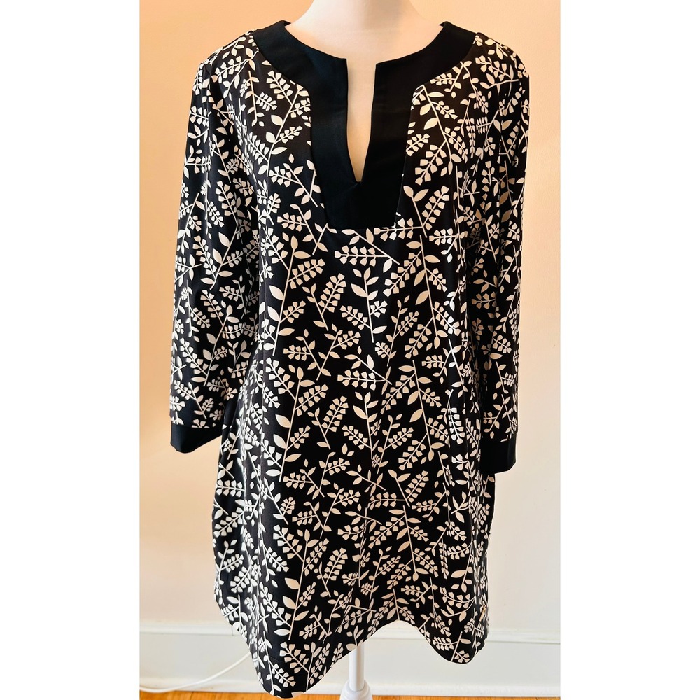 NWT ANNE KLEIN Womens Black White Leaf Print V Neck Tunic Dress Large L MSRP $99 - Picture 1 of 8